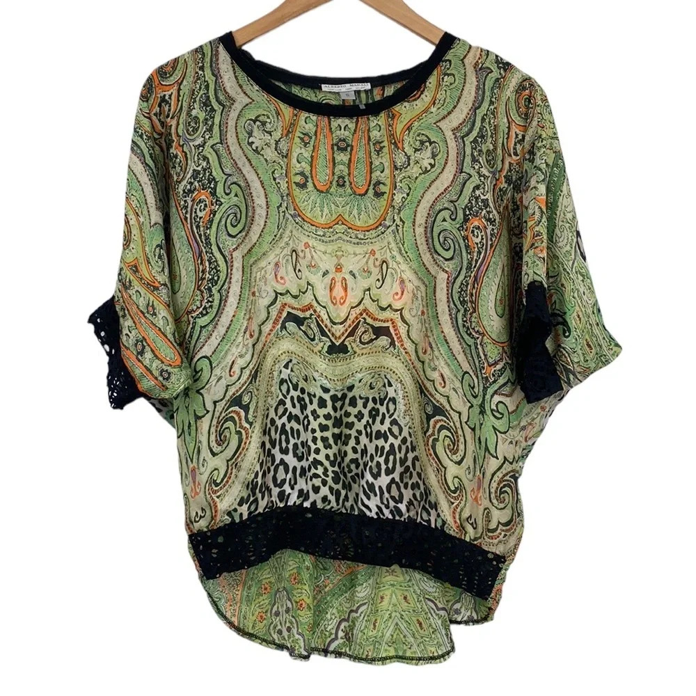 Alberto Makali Blouse Womens Small Green Animal Paisley Print Dolman Top Y2K
